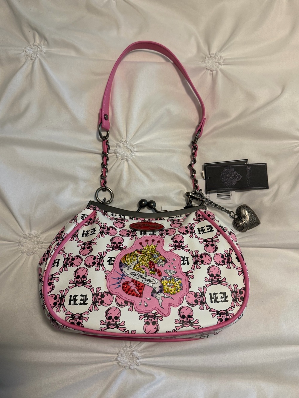 Ed Hardy skull print rhinestone tiger kiss lock bag
